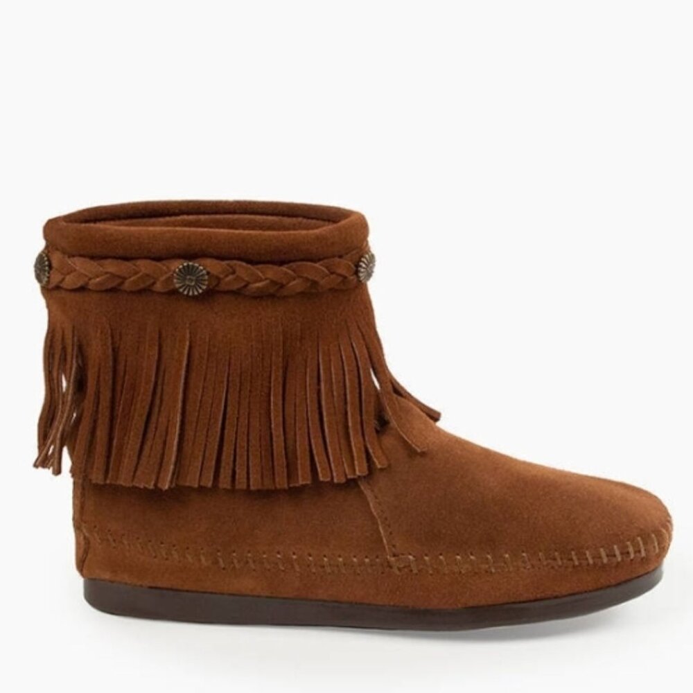 Minnetonka Fringe Back Zip Boots